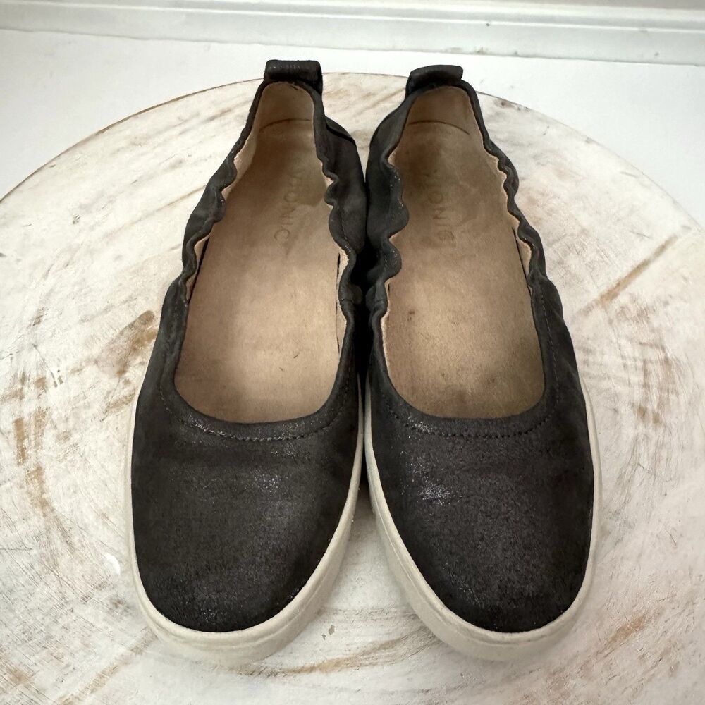 Vionic Uptown Ballet Loafer Elastic Topline Leather Polluted Silver Women's 6 - Picture 3 of 8